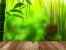 Wooden table on bamboo plant background ai generated photo