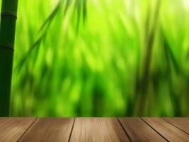 Wooden table on bamboo plant background ai generated photo