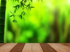 Wooden table on bamboo plant background ai generated photo