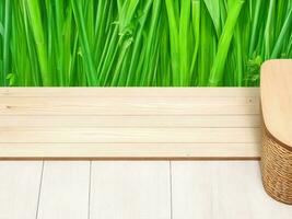 Wooden table on bamboo plant background ai generated photo