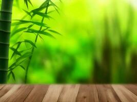 Wooden table on bamboo plant background ai generated photo