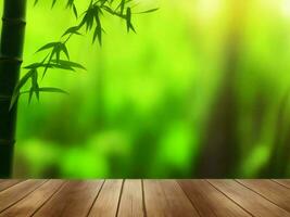 Wooden table on bamboo plant background ai generated photo