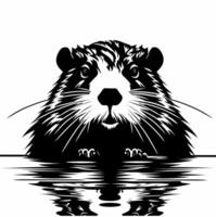 black and white illustration design of beaver with water reflections on a white background vector