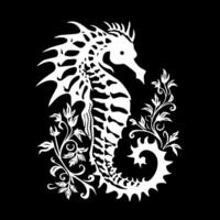 black and white line art illustration design of seahorses and plants on a black background vector