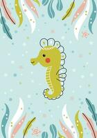 Cute baby seahorse swimming underwater. Sea animals, seaweeds. Summer coral reef vector illustration drawn in doodle style