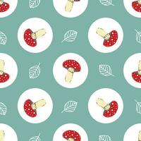 Seamless pattern with cute amanita mushrooms. Vector botanical print with hand drawn in doodle style fly agarics