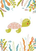 linda bebé mar Tortuga nadando submarino. verano floral vector ilustración dibujado en garabatear estilo