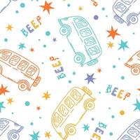 Cute seamless baby vector pattern with bus. Funny illustration for kids textile with repeated ornament of city transport on white background. Auto driving with beep signals