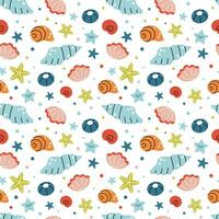 Cute summer marine print with colorful seashells on white background. Funny vector seamless pattern with coral reef shells for kids textile, apparel, wrapping paper