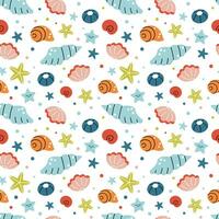 Cute summer marine print with colorful seashells on white background. Funny vector seamless pattern with coral reef shells for kids textile, apparel, wrapping paper