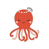 Cute red smiling octopus. Cartoon vector illustration drawn in doodle style and isolated on white background