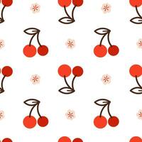 Summer seamless pattern with cherry berries on white background. Cute vector print drawn in doodle style for kitchen textile, girls clothing, packaging design