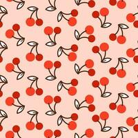 verano sin costura modelo con Cereza bayas en rosado antecedentes. linda vector impresión dibujado en garabatear estilo para cocina textil, femenino ropa, embalaje diseño