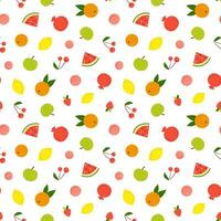sencillo verano vector modelo con mezclado frutas y bayas. vistoso sin costura vector antecedentes con dibujado en plano estilo comida ingredientes - manzanas, naranjas, limones para textil, envase papel