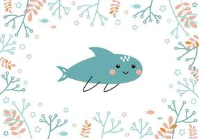 Cute baby shark swimming underwater. Sea animals, fishes, seaweeds. Summer vector illustration drawn in doodle style