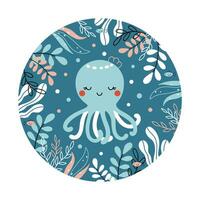 Cute octopus girl vector illustration. Baby sea animal swimming underwater hand drawn in doodle style. Funny summer print for kids textile, cards, stickers