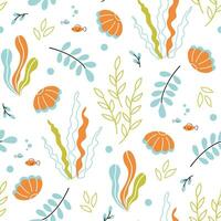 Summer marine print with seaweeds, shells on white background. Seamless vector pattern with hand drawn in doodle style nautical elements for textile, wallpaper, clothing