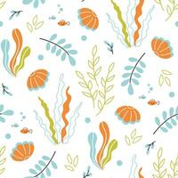 Summer marine print with seaweeds, shells on white background. Seamless vector pattern with hand drawn in doodle style nautical elements for textile, wallpaper, clothing