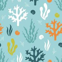 Simple summer vector pattern with colorful seaweed and seashells silhouettes on blue background. Nautical seamless print for kids and female textile, wrapping paper