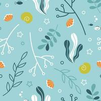 Summer marine pattern with colorful seaweeds and seashells ob blue background. Underwater seamless vector print for textile, wallpaper, wrapping paper