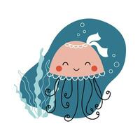 Cute baby jellyfish. Funny vector underwater illustration with wild exotic animal pink medusa drawn in cartoon style for printing on kids textile, cards, stickers