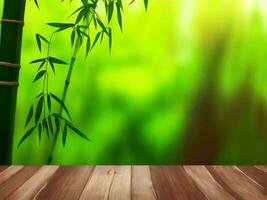 Wooden table on bamboo plant background ai generated photo