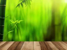 Wooden table on bamboo plant background ai generated photo