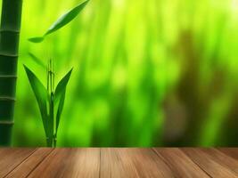 Wooden table on bamboo plant background ai generated photo