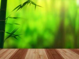 Wooden table on bamboo plant background ai generated photo