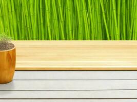 Wooden table on bamboo plant background ai generated photo