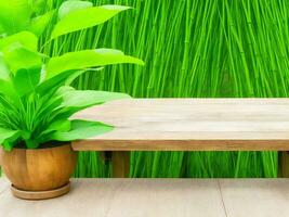 Wooden table on bamboo plant background ai generated photo