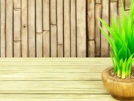 Wooden table on bamboo plant background ai generated photo