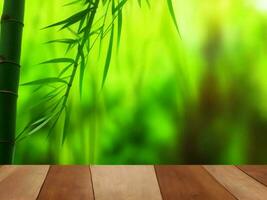 Wooden table on bamboo plant background ai generated photo