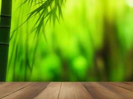 Wooden table on bamboo plant background ai generated photo