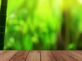 Wooden table on bamboo plant background ai generated photo