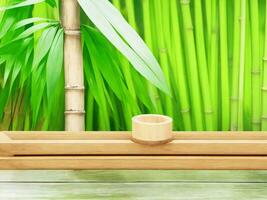 Wooden table on bamboo plant background ai generated photo