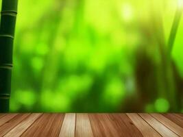 Wooden table on bamboo plant background ai generated photo