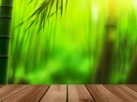 Wooden table on bamboo plant background ai generated photo