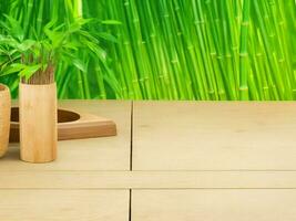 Wooden table on bamboo plant background ai generated photo