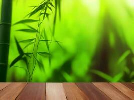 Wooden table on bamboo plant background ai generated photo