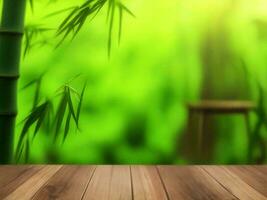 Wooden table on bamboo plant background ai generated photo