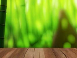 Wooden table on bamboo plant background ai generated photo