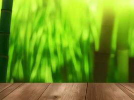 Wooden table on bamboo plant background ai generated photo