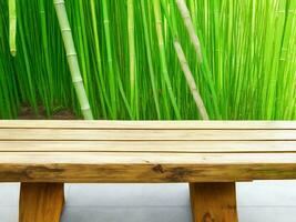 Wooden table on bamboo plant background ai generated photo