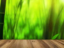 Wooden table on bamboo plant background ai generated photo