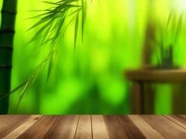 Wooden table on bamboo plant background ai generated photo