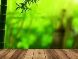 Wooden table on bamboo plant background ai generated photo