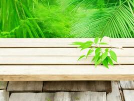 Wooden table on bamboo plant background ai generated photo