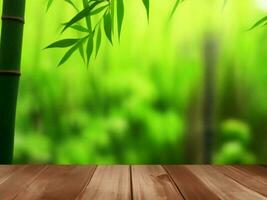 Wooden table on bamboo plant background ai generated photo