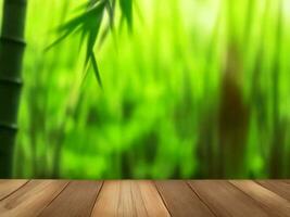 Wooden table on bamboo plant background ai generated photo